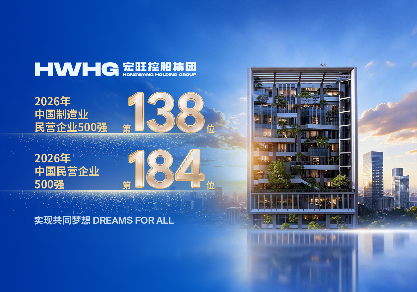 宏旺控股集团位列2026中国民营企业500强第184位、 中国制造业民营企业500强第138位